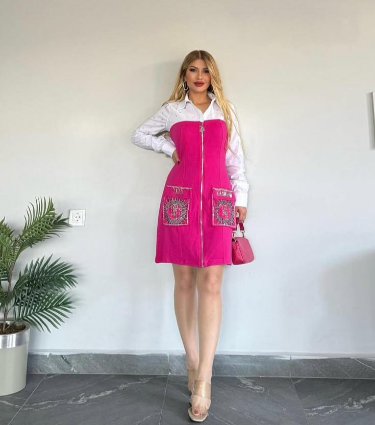 Vestido Palabra de Honor Fucsia con Camisa Blanca – 2 Prendas, Múltiples Looks