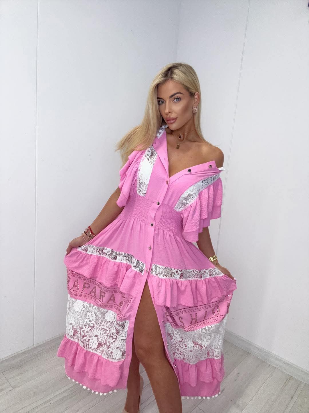 Vestido Midi Rosa con Encaje – Romántico, Elegante y Femenino