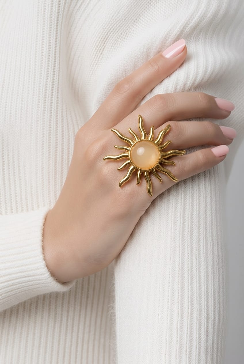 Anillo Sol Dorado con Piedra Natural para Mujer