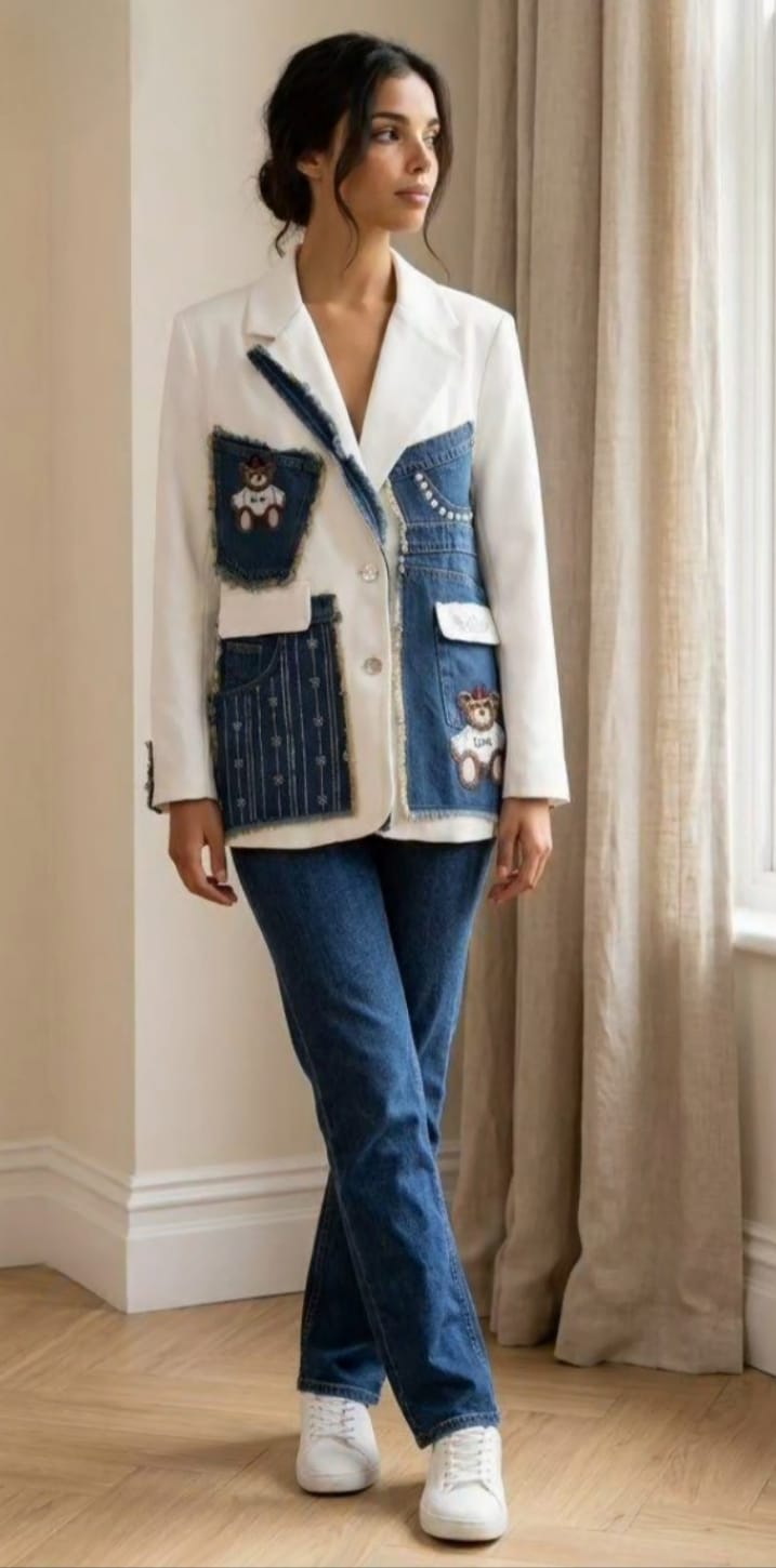 Americana Blanca con Detalles Denim – Elegancia Casual y Original