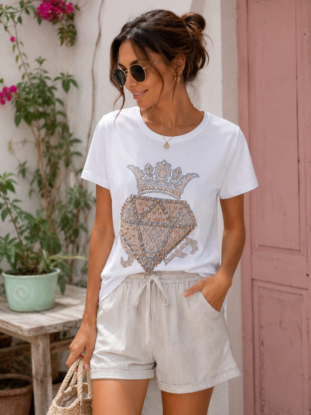 Camiseta Blanca Corazón Crown Brillo
