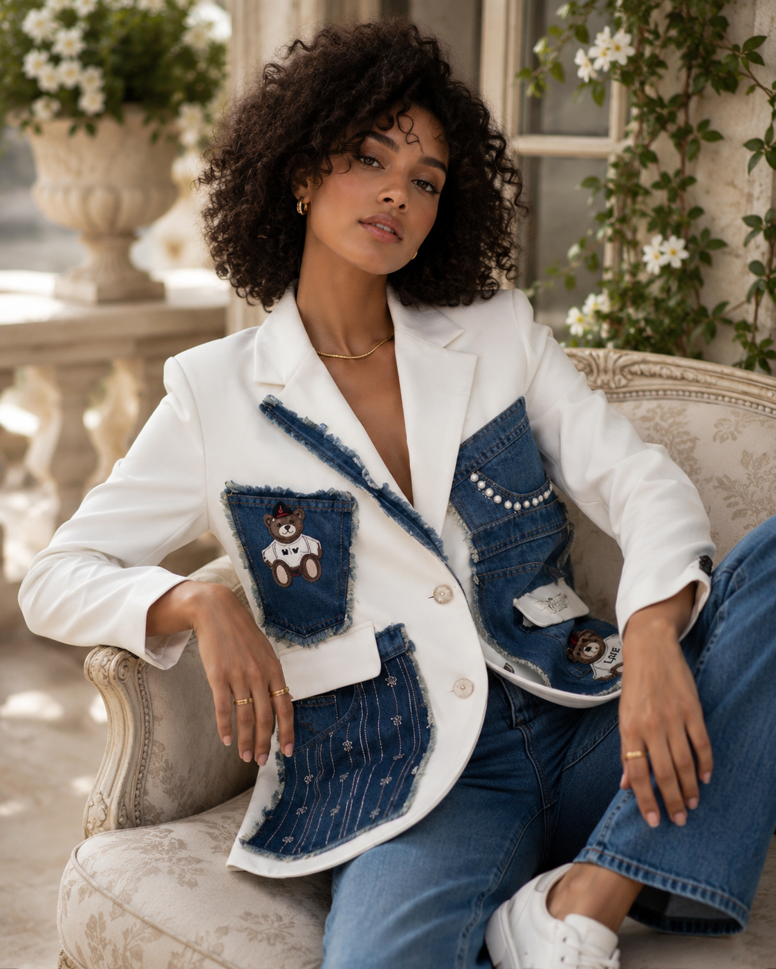 Americana Blanca con Detalles Denim – Elegancia Casual y Original