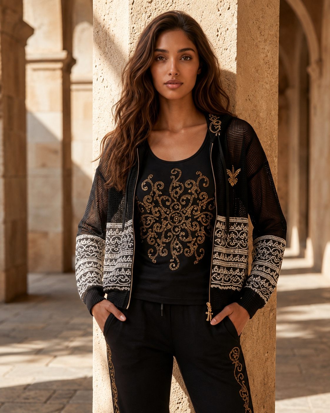 Conjunto Elegante Negro con Detalles Dorados – Estilo Casual Premium