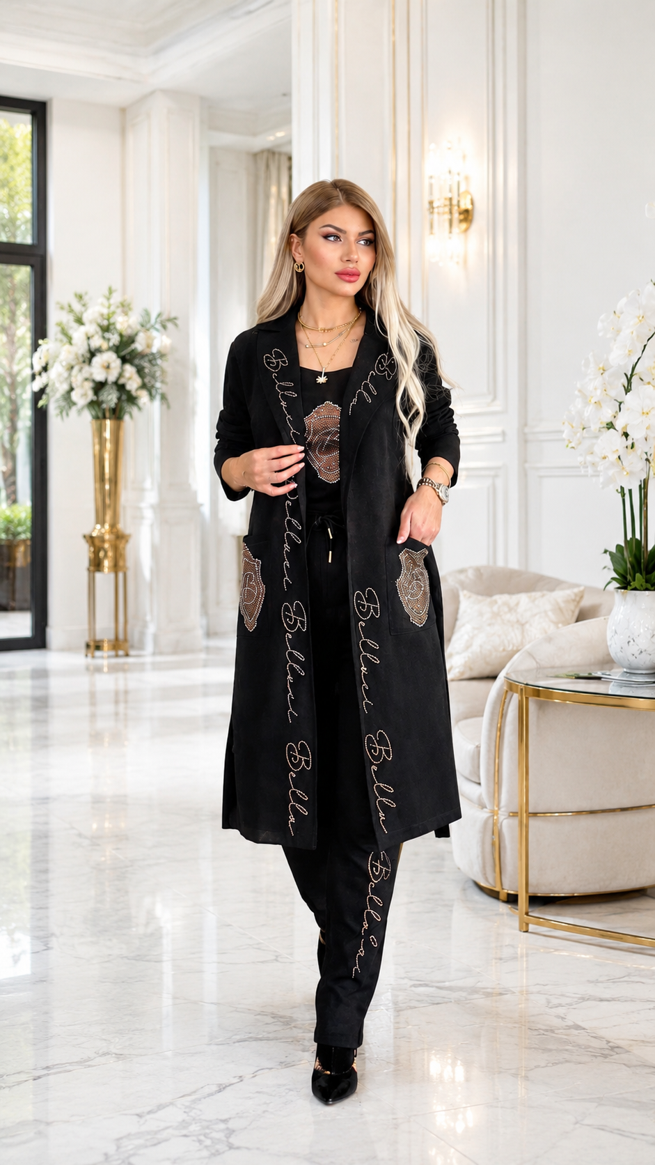 Conjunto de 3 Piezas Negro con Pedrería – Elegancia y Sofisticación